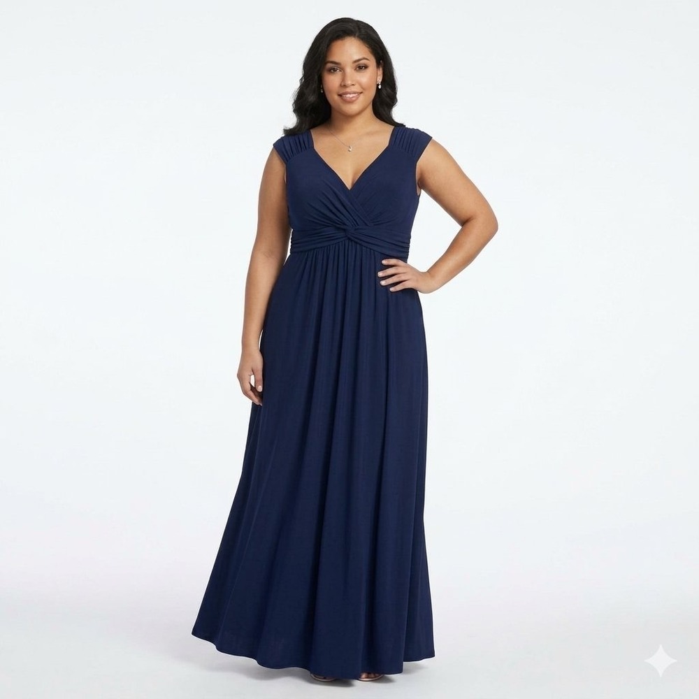 NY Collection Plus Size 1X Ruched Empire Maxi Dress Navy Blue Wedding Guest NWT
